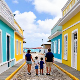 Caribbean Holidays, January Family Holidays, A family exploring a historic colourful Caribbean town with bright buildings, cobbled streets and a harbour in the background