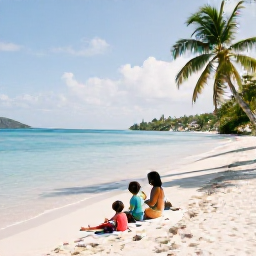 Caribbean Holidays, January Family Holidays, A family relaxing on a bright white beach with calm turquoise water, palm trees and gentle sunshine in the US Virgin Islands