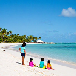 Caribbean Holidays, January Family Holidays, A family relaxing on a sunny white-sand beach in St Thomas, United States Virgin Islands, with calm turquoise water and palm trees