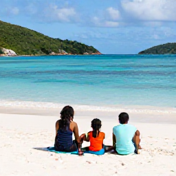 Caribbean Holidays, January Family Holidays, A family relaxing on a sunny white-sand beach in the British Virgin Islands, calm turquoise sea and green hills in the background