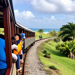 Caribbean Holidays, January Family Holidays, A family riding the scenic St Kitts Scenic Railway through green hills and coastal countryside, with a historic train and ocean views
