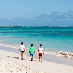 Caribbean Holidays, January Family Holidays, A family walking along the white sands of Grace Bay Beach in January sunshine, with calm turquoise water and gentle waves