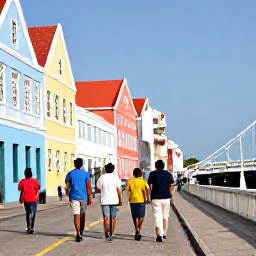 Caribbean Holidays, January Family Holidays, A family walking through the colourful historic streets of Willemstad, Cura&ccedil;ao, beside pastel buildings and the floating Queen Emma Bridge