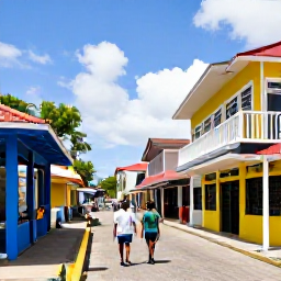 Caribbean Holidays, January Family Holidays, A family walking through the colourful streets of Basseterre, Saint Kitts, viewing historic buildings and local shops in bright January sunshine