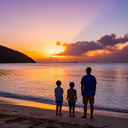 Caribbean Holidays, January Family Holidays, A family watching a colourful sunset over the sea from a British Virgin Islands beach