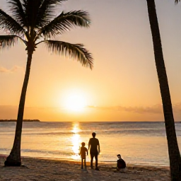 Caribbean Holidays, January Family Holidays, A family watching a golden Caribbean sunset from a quiet beach, with palm silhouettes and calm sea