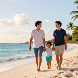 Caribbean Holidays, January Family Holidays, A happy family walking along a bright Caribbean beach in January, with calm turquoise water, palm trees and soft morning sunlight
