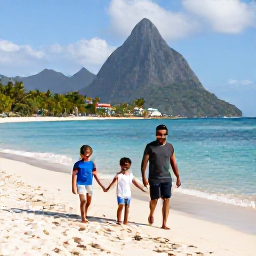Caribbean Holidays, January Family Holidays, A happy family walking along a bright sandy beach beside calm turquoise water in Saint Lucia in January