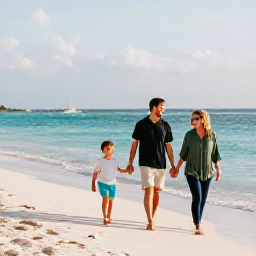 Caribbean Holidays, January Family Holidays, A happy family walking along Seven Mile Beach in Grand Cayman on a bright January morning, calm turquoise sea and soft white sand
