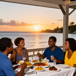 Caribbean Holidays, January Family Holidays, A relaxed family dinner at a seaside restaurant in Saint Kitts at sunset, with local Caribbean dishes and a welcoming atmosphere