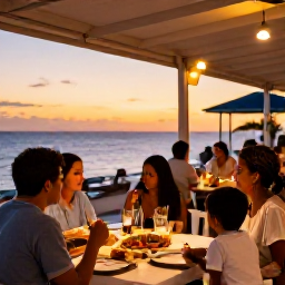 Caribbean Holidays, January Family Holidays, A relaxed family dinner at an outdoor restaurant in Cura&ccedil;ao at sunset, with local food, gentle lighting and a welcoming island atmosphere