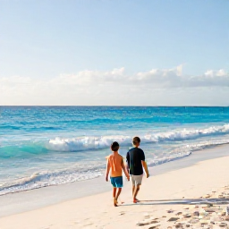 Caribbean Holidays, January Family Holidays, A relaxed family walking along Seven Mile Beach in Grand Cayman on a sunny January morning, turquoise sea and soft white sand