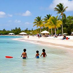 Caribbean Holidays, January Family Holidays, A sunny family beach scene at Frigate Bay, Saint Kitts, with children paddling in clear shallow water and parents relaxing beneath palm trees