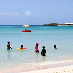 Caribbean Holidays, January Family Holidays, A sunny family scene on Cura&ccedil;ao's calm beach in January, with children paddling in clear shallow water and colourful beach umbrellas