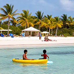 Caribbean Holidays, January Family Holidays, Children paddling in calm clear water at Seven Mile Beach, with parents relaxing nearby and palm trees in the background