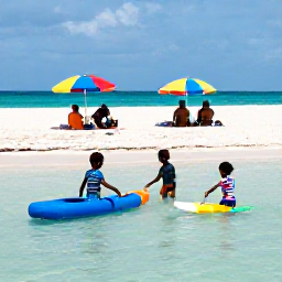 Caribbean Holidays, January Family Holidays, Children paddling in shallow clear water at Grace Bay, with parents relaxing nearby and colourful beach umbrellas on the sand