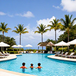 Caribbean Holidays, January Family Holidays, Comfortable family-friendly Saint Lucia resort with swimming pool, palm trees and children enjoying a sunny January afternoon