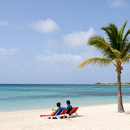Caribbean Holidays, January Family Holidays, Families enjoying a relaxed day at Jan Thiel Beach in Cura&ccedil;ao, with calm turquoise sea, soft sand, sun loungers and palm trees
