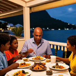 Caribbean Holidays, January Family Holidays, Family dining at an outdoor restaurant in Saint Lucia, enjoying fresh Caribbean food during a warm January evening