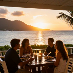 Caribbean Holidays, January Family Holidays, Family dining outdoors at a relaxed Caribbean restaurant overlooking the sea at sunset in the United States Virgin Islands