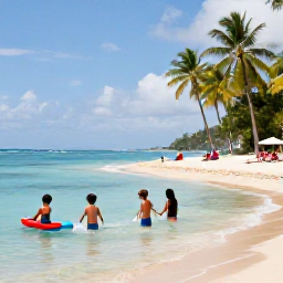 Caribbean Holidays, January Family Holidays, Family enjoying a calm Caribbean beach with children paddling in shallow water and parents relaxing under palm trees in Saint Lucia