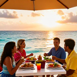 Caribbean Holidays, January Family Holidays, Family enjoying a colourful Caribbean meal at an outdoor restaurant near the sea at sunset