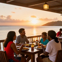 Caribbean Holidays, January Family Holidays, Family enjoying an outdoor meal at a relaxed Caribbean restaurant in the British Virgin Islands at sunset