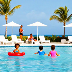 Caribbean Holidays, January Family Holidays, Family relaxing beside a Caribbean resort swimming pool, children playing safely and parents enjoying the sunshine