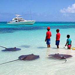 Caribbean Holidays, January Family Holidays, Family visiting Stingray City sandbar in Grand Cayman, standing in clear shallow sea with friendly stingrays and a boat nearby