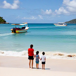 Caribbean Holidays, January Family Holidays, Parents and children exploring a peaceful British Virgin Islands beach with colourful boats offshore and gentle waves