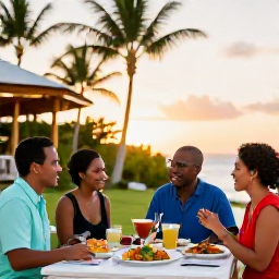 Caribbean Holidays, January Family Holidays, Relaxed family dinner at an outdoor restaurant in Grand Cayman at sunset, colourful Caribbean dishes and palm trees