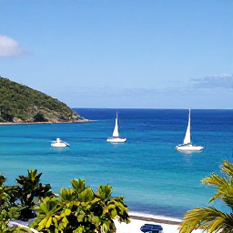 Caribbean Holidays, January Festivals, Sailing from Saint Vincent towards the Grenadine islands with turquoise water, small boats and tropical coastline in January sunshine