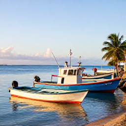 Caribbean Holidays, January Fishing, A bright January morning at a Trinidad and Tobago fishing harbour, colourful boats, calm blue water and palm trees