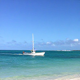Caribbean Holidays, January Fishing, A calm January morning on the Cayman Islands coastline, with a fishing boat heading towards clear turquoise water under a bright blue sky