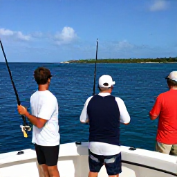 Caribbean Holidays, January Fishing, A Cayman Islands fishing charter with anglers preparing rods on deck, surrounded by deep blue Caribbean sea and distant island coastline