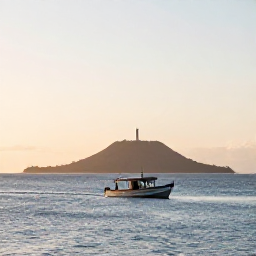 Caribbean Holidays, January Fishing, A dawn fishing boat leaving the calm blue waters near Saint Kitts, with Nevis and Mount Nevis visible in the background