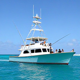 Caribbean Holidays, January Fishing, A deep-sea fishing boat cruising through calm turquoise water near the Grenadine islands, with anglers preparing rods beneath a sunny sky
