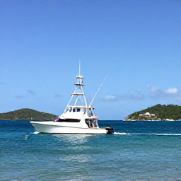 Caribbean Holidays, January Fishing, A deep-sea fishing boat leaving a sunny marina in St Thomas, U.S. Virgin Islands, with calm turquoise water and distant green islands