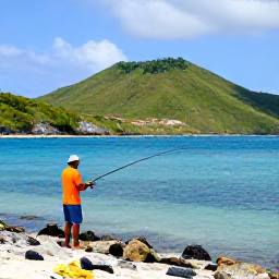 Caribbean Holidays, January Fishing, A fisherman casting from a quiet rocky shoreline on Sint Eustatius with green hills and turquoise sea