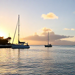 Caribbean Holidays, January Fishing, A fishing boat leaving a marina at sunrise near Saint Martin and Sint Maarten, calm Caribbean sea, warm golden light