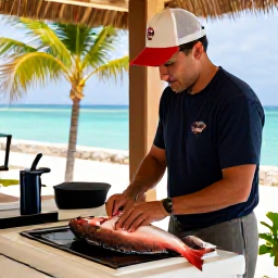 Caribbean Holidays, January Fishing, A fresh catch being prepared at a relaxed seaside restaurant in Turks and Caicos, with palm trees and the Caribbean sea beyond
