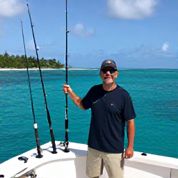 Caribbean Holidays, January Fishing, A friendly local fishing guide helping holidaymakers aboard a small charter boat, with rods, tackle and a scenic Grenadine island coastline behind them