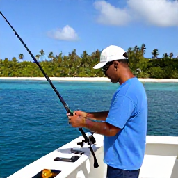 Caribbean Holidays, January Fishing, A friendly local fishing guide helping visitors prepare tackle on a charter boat beside a tropical island