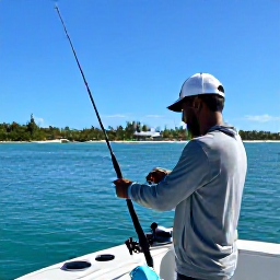 Caribbean Holidays, January Fishing, A friendly local fishing guide preparing rods and tackle on a boat in Providenciales harbour, with clear blue water and island scenery