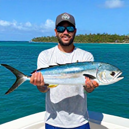 Caribbean Holidays, January Fishing, A happy angler holding a freshly caught mahi-mahi on a fishing charter boat, with turquoise Caribbean sea and tropical islands in the background