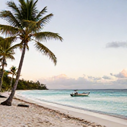 Caribbean Holidays, January Fishing, A peaceful Caribbean beach on Saint Vincent and the Grenadines after a morning fishing trip, with palm trees, turquoise water and a small boat offshore