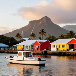 Caribbean Holidays, January Fishing, A relaxed seaside evening in Basseterre after a fishing trip, with a colourful harbour, palm trees and Mount Liamuiga in the background