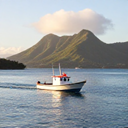 Caribbean Holidays, January Fishing, A small fishing boat leaving a Caribbean harbour at sunrise, with Saint Vincent's green mountains and calm blue sea in the background
