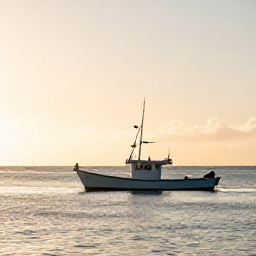 Caribbean Holidays, January Fishing, A small fishing boat leaving Grenada harbour at sunrise, calm Caribbean Sea, warm January light