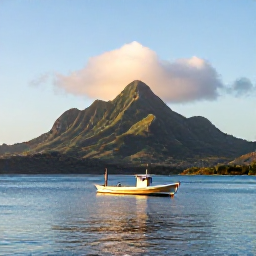 Caribbean Holidays, January Fishing, A small fishing boat on calm blue Caribbean water off Dominica at sunrise, with green volcanic mountains in the background